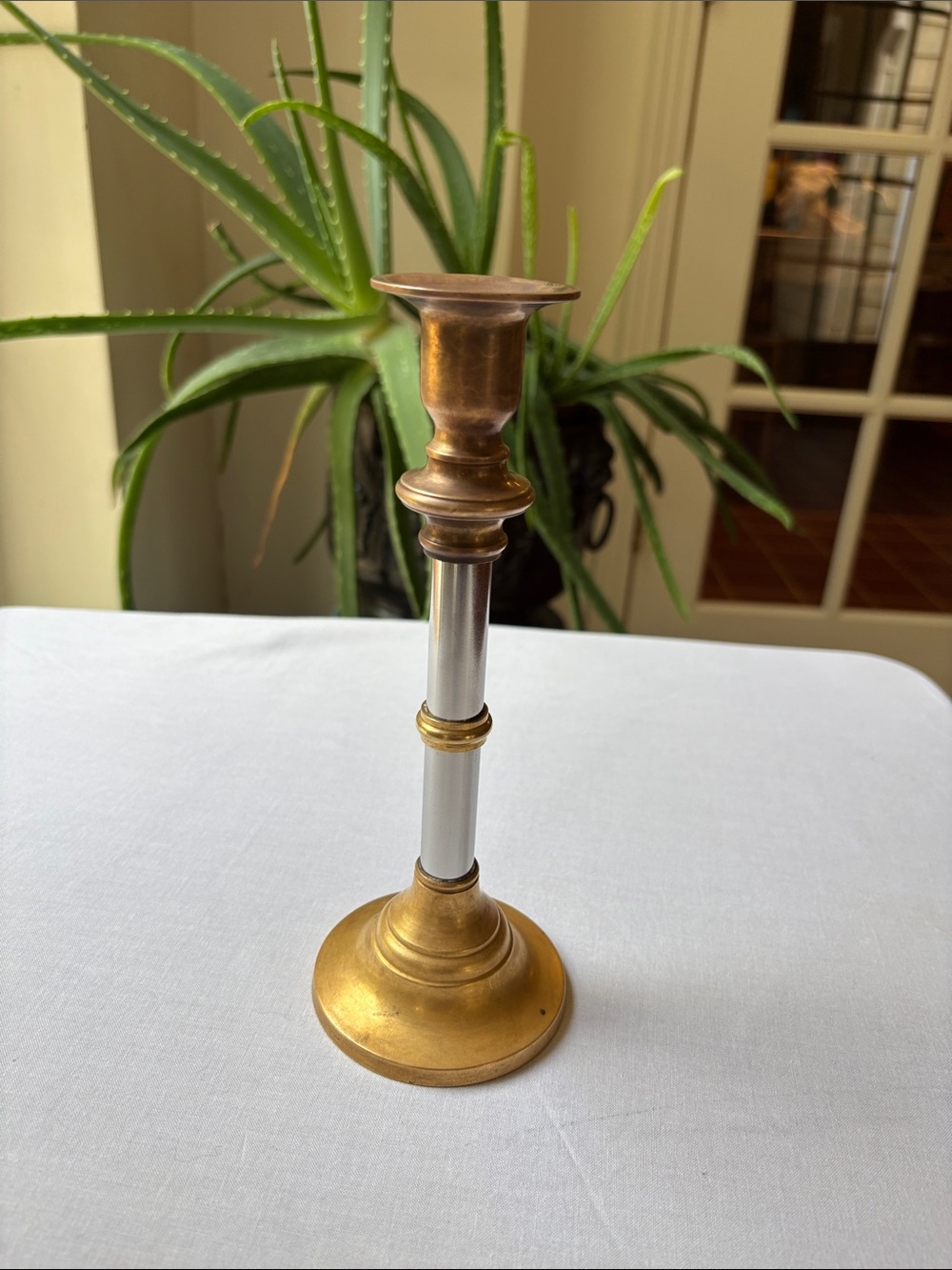 Mid-Century Modern Mixed Metal Brass & Chrome Taper Candlestick Holder